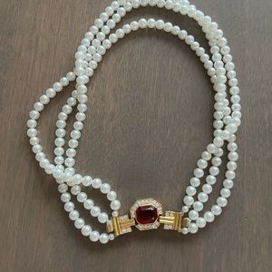Pearl Necklace with Red Stone Closure